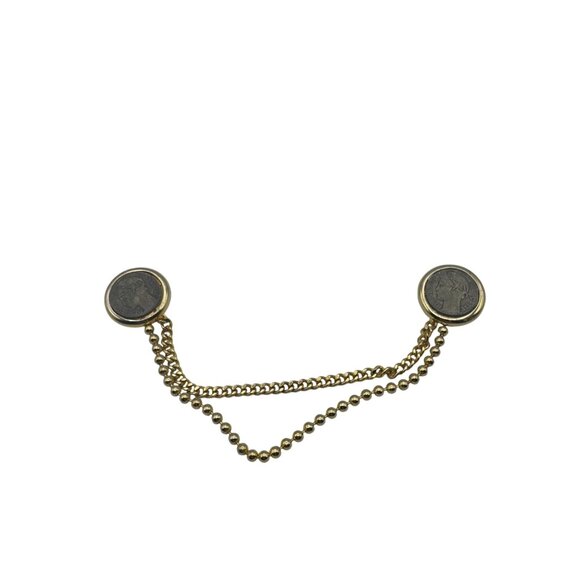 Gold Tone Chain Double Coin Design Sweater Clip Cloak Clasp Retro Accessory - Picture 1 of 6